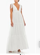 New Mac Duggal Tiered White V Neck Plunging Maxi Dress size 2