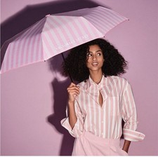 VICTORIA'S SECRET Iconic Stripe Rain Umbrella Logo Retractable Strap Pink/White