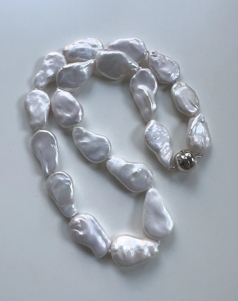 Collar de perlas moneda iridiscente barroco plano plata esterlina vintage Estate 18,5" Foto 2 de 4