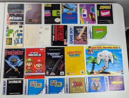 Lot of Vintage Nintendo Instruction Manuals Poster NES, SNES, N64, GameBoy Zelda