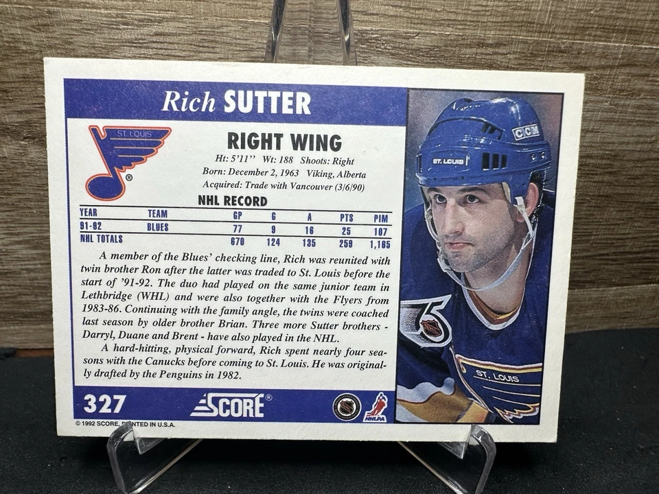 1992-93 Score Rich Sutter #327 In-Person ON-CARD AUTO - Image 2 of 2