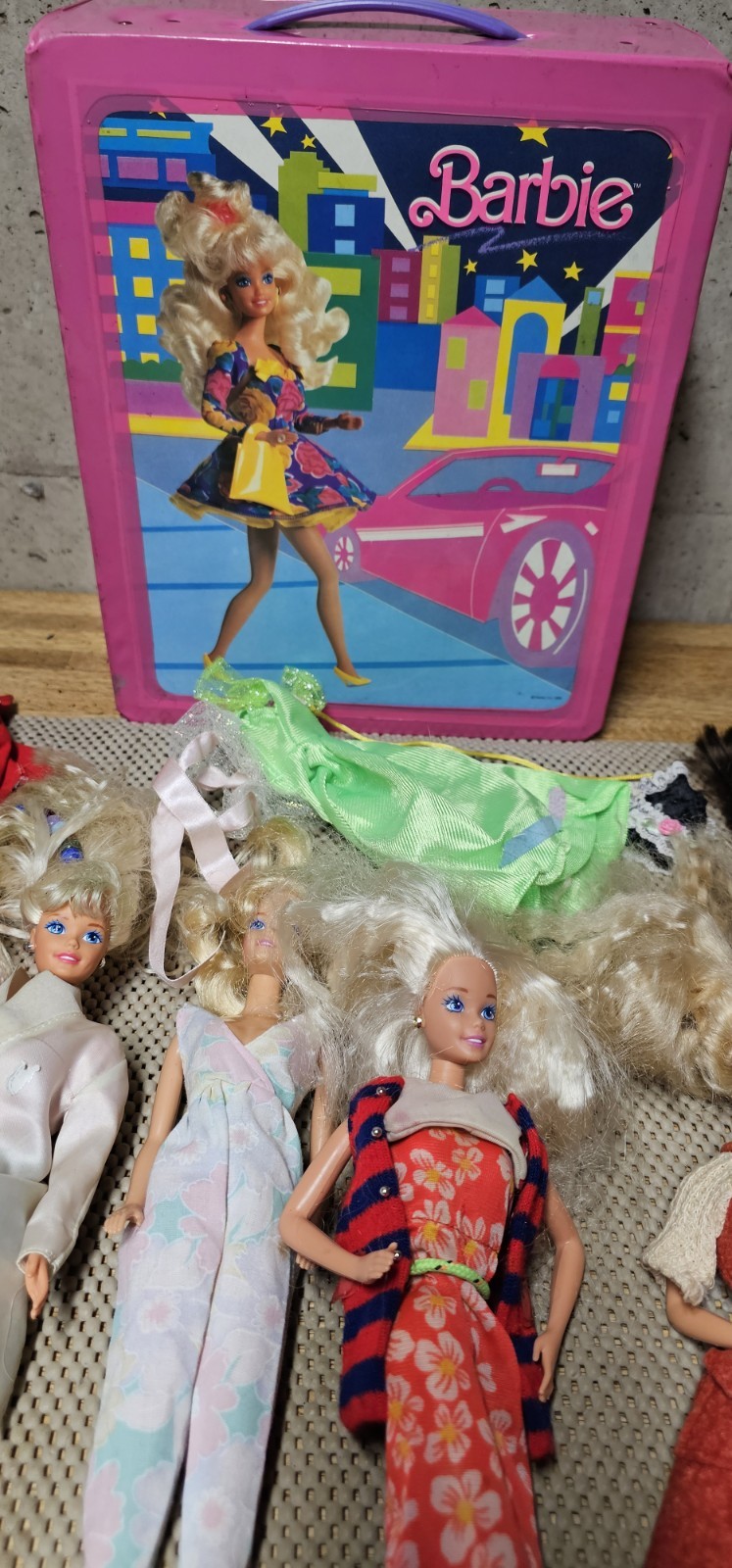 1990s 8 Barbie Dolls, Clothes, Accessories, Case, DVD and mo