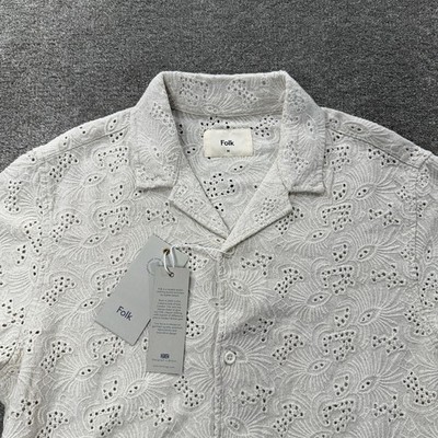 Folk Mens Broad SS Shirt M Natural Eyelet Embroidered Button Up Short Sleeve