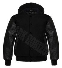 Varsity Letterman College Blend Wool Black Cowhide Leather Sleeve Basebal Hoody