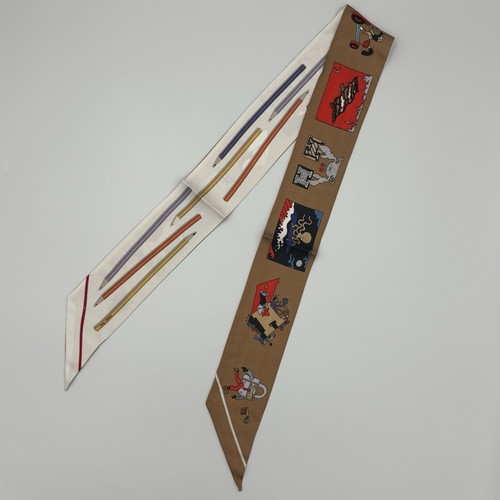 Hermes A Vos Crayons et Carre Libre Twilly Scarf Brown Multicolor Silk