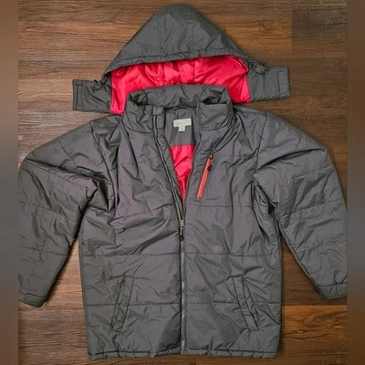 PBX Basics Mens Large Gray and Red Poly-Fill Jacket with Detachable Hood