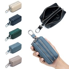 Genuine Leather Car Key Holder Case for Unisex, 2 Sides Pocket with Metal Hook