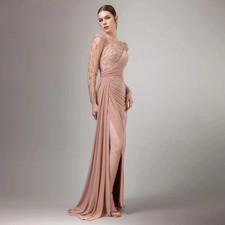 Evening Dress Customi Round Neck Long Sleeve Beading Pleat Split Chiffon Mermaid