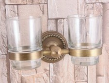 Antique Brass Wall Mounted Bathroom Toothbrush Holder With Double Glass Cups