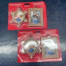 Lot Of 2 Instant Gifts Christmas Photo Ornaments, Wooden Snowflake  Square Gift