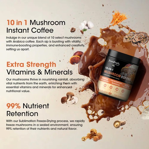 10 in 1 Mushroom Instant Coffee /Lion's Mane Reishi-Chaga/4.4 Oz/Best By 03/2027 - Picture 7 of 9