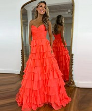 Orange Tiered Ruffles Prom Dresses Sweetheart Neck Backless Evening Party Gowns