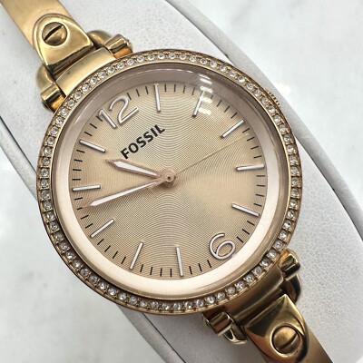 Fossil Georgia Watch Women Pave Rose Gold Tone Round Dial Sz
