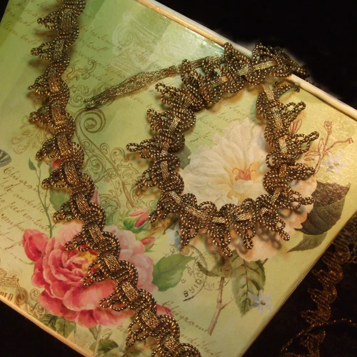 Antique Vtg Heavy Gold Metallic Brocade Trim Ruching Scallop Lace 3/4 wide c1900