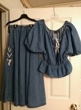 BOUTIQUE EUROPA Matching Denim W/Lace up Ties Maxi Skirt & Top. M. Nwot.