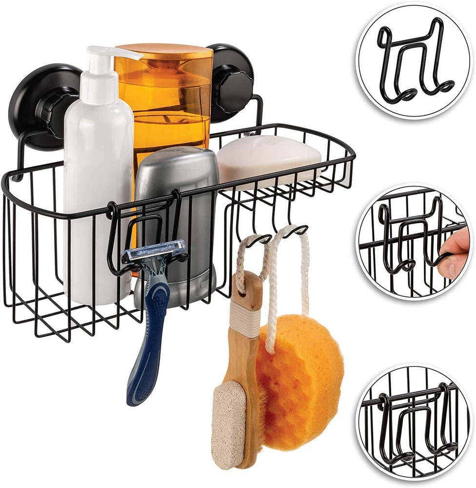 Shower Caddy Suction Cup - Wall Mounted Bathroom Shelf with Hooks - Suction S...