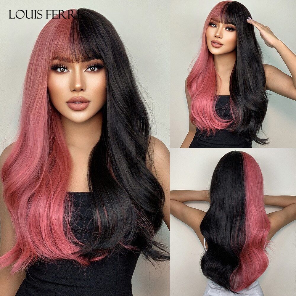 Colorful Halloween Cosplay Hair Wig for Women Half Black Half Pink 26 Inch  Wavy | eBay