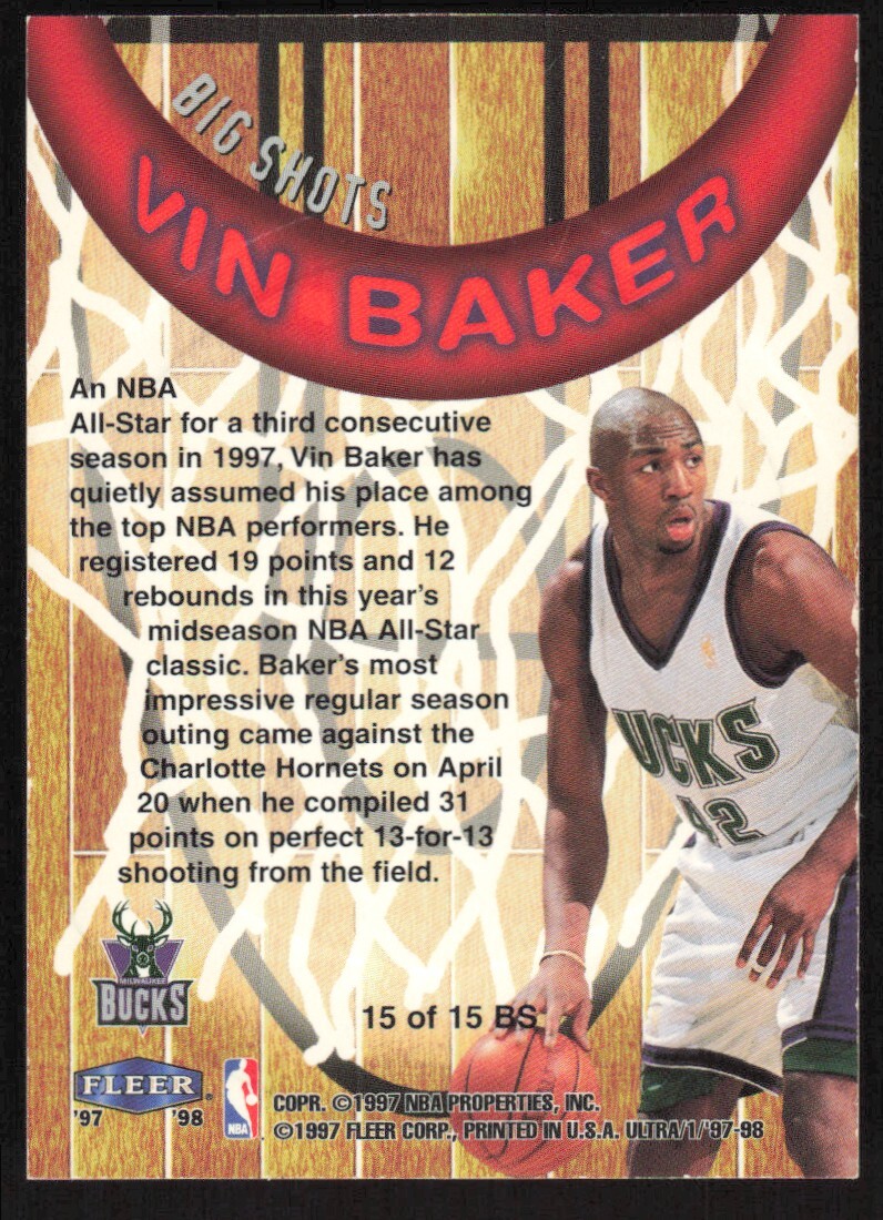 1997-98 Fleer Ultra Big Shots Vin Baker #15 BS Milwaukee Bucks