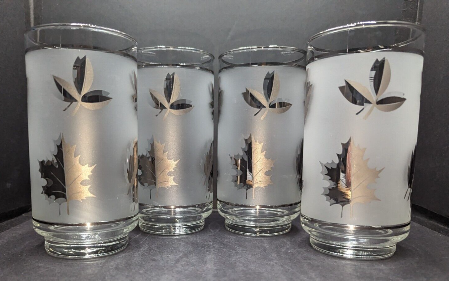 VTG MCM Set Of 4 Libbey Glasses Frosted Silver Foliage Leaf 12 Oz Tumbler