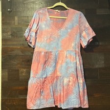 Entro Womens Babydoll Dress Multicolor Tie Dye Tiered V Neck Short Sleeve Boho S