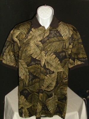 BAMBOO CAY Black/Beige Leaf Print Aerocool Polyester S/S Hawaiian Polo Shirt S