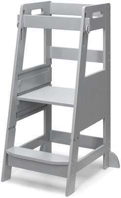 Bamboo Toddler Step Stool Grey Learning Standing Helper Tower for Toddlers Ki...