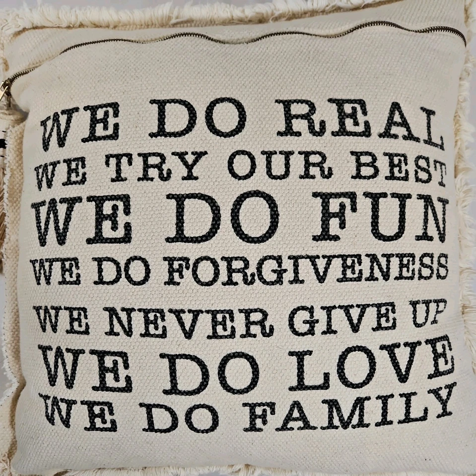 Mud Pie Farmhouse-Style 21x21  Pillow Cover Zippered "We do real .." Big Tassels - Image 3 of 4