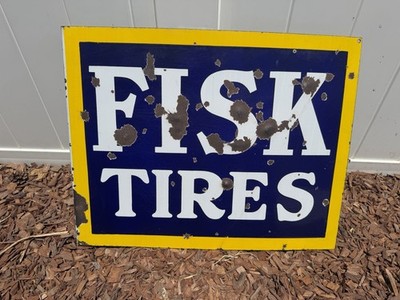 FISK TIRES PORCELAIN FLANGE SIGN DOUBLE SIDED GAS OIL AUTO 100% Old & Original