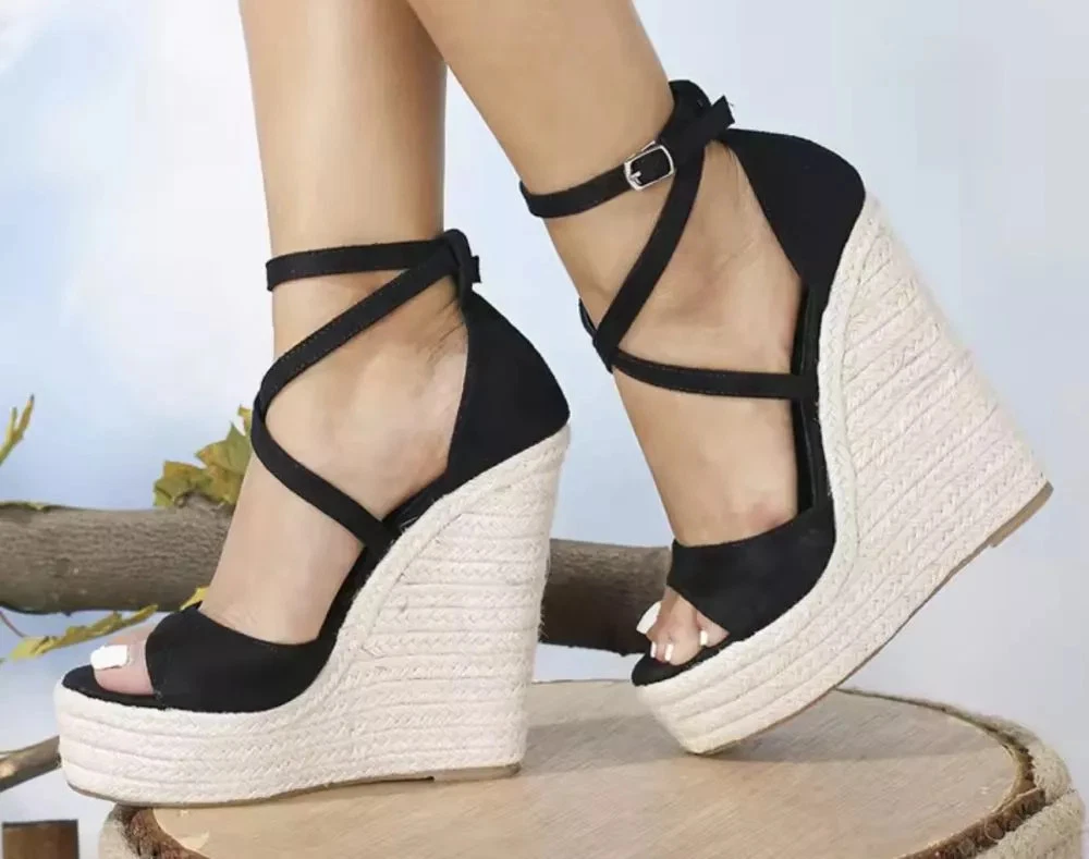 Sandali Con Zeppa In Corda Di Canapa Donna - Tacco 17 Cm, Punta Aperta, Cinturino Caviglia - Personalizzabili - Per Matrimonio E Ufficio