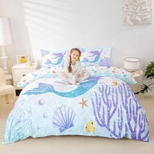 Mermaid Duvet Cover Set Twin Size Rainbow Watercolor Glitter Bedding Set for ...