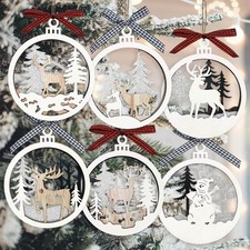 Christmas Farmhouse Rustic Ornaments Set 6 Pcs Hanging Glitter Reindeer Wood