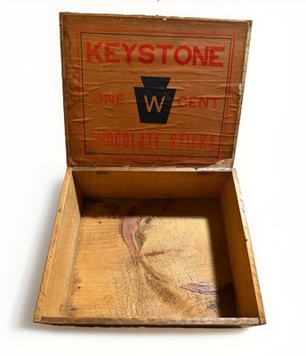RARE Keystone 1 Cent Chocolate Sticks Advertising Wooden Box w/ Lid