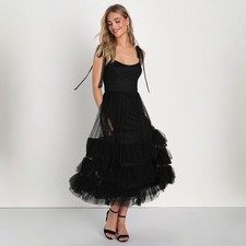 NWT Lulu's Aesthetic Black Mesh Swiss Dot Tie-Strap Midi Dress Whimsygoth Small