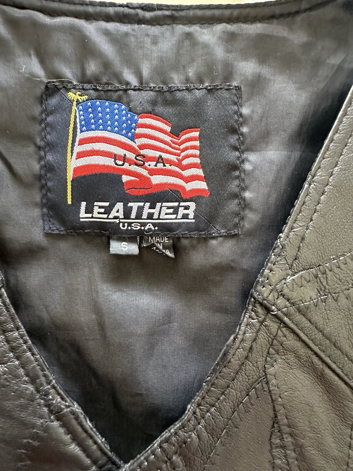 黑色皮革背心男式小号美国皮革鹰、美国国旗和美国 — 第 2/4 张图片