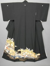 Japanese Vintage Kuro Tomesode Kimono Cranes and Pine trees Pattern