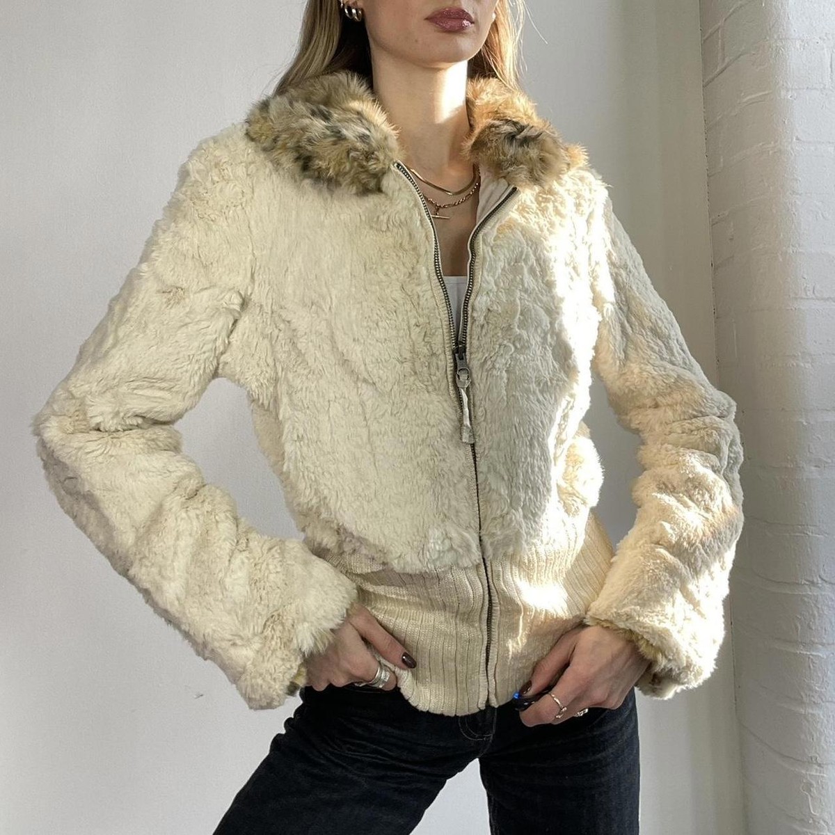 Vintage Y2k Rabbit Fur Zipped Bomber Jacket White Leopard UK