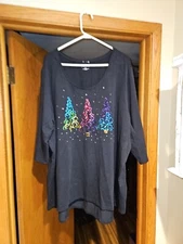 Catherines Black 3/4 Sleeve Shirt w Colorful Sequin Trees Size 3X