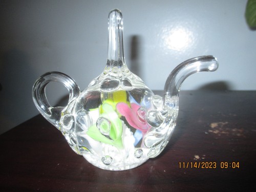 Joe Rice Flowers Clear Art Glass Tea Pot Paperweight Ring Holder