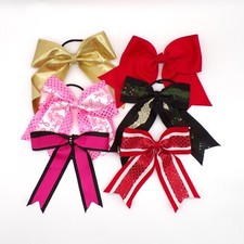 Cheer Hair Bow Lot Of 6 Girls Ribbon Bows Holiday Pageant Dance 7" Gold Red Pink
