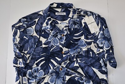Tommy Bahama Camp Shirt Floral Lush Blue Note 100% Silk SS New Medium M