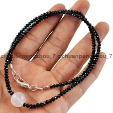 Faceted 3mm Bright Black Spinel White Quartz Round Gems Beads Necklace 18''