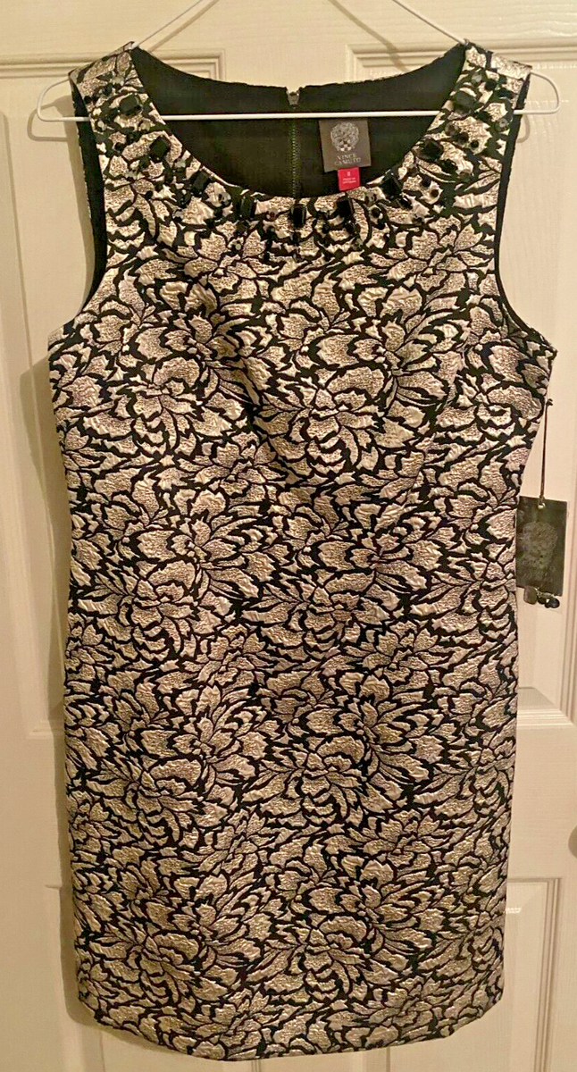 vince camuto black and gold dress Vince Camuto Cap Sleeve Boat Shape Illusion Neck Gown W/ Side Slit Black  Gold