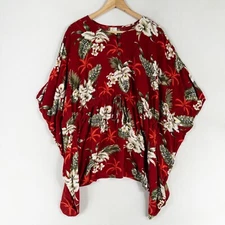 Sunny Island Hawaii Blouse Cover Up Top One Size Red Floral Drawstring Waist