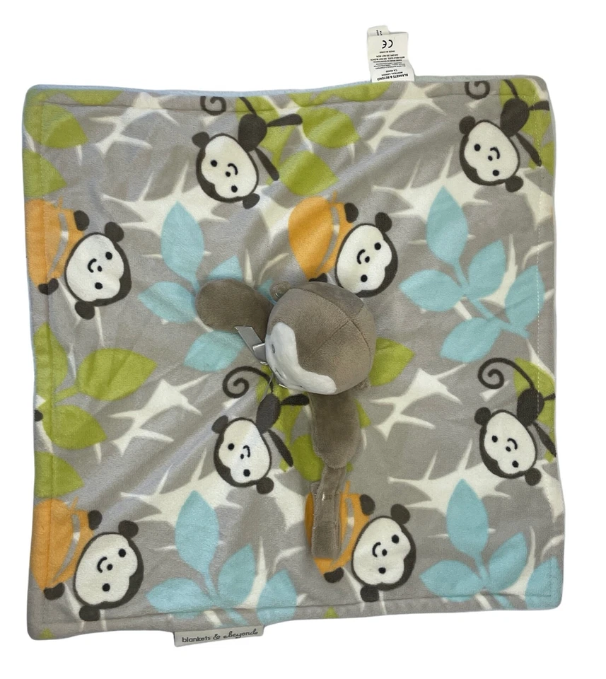 Blankets & Beyond Monkey 灰色羊毛毛绒 Lovey 安全毯 蓝绿色 — 第 3/4 张图片