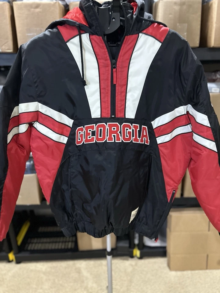Vintage 90s NCAA RR Designs UGA Bulldogs Pull Over 1/2 Zip Hooded Jacket Sz L 🔥 - Image 2 of 4