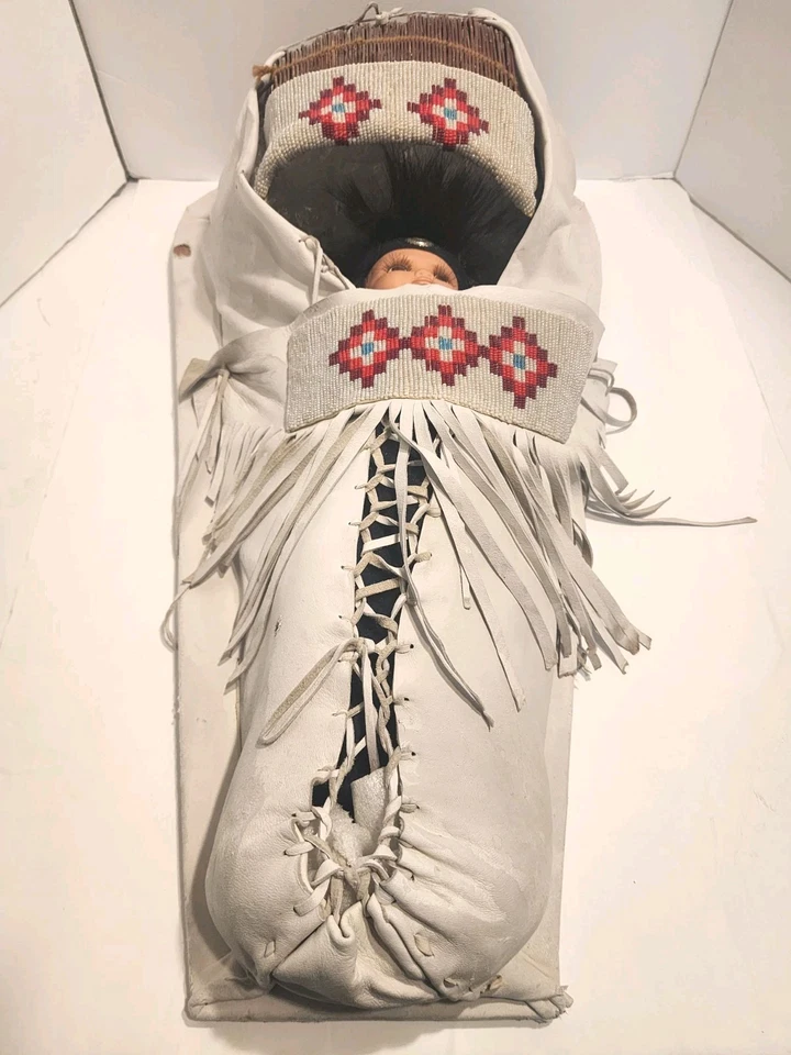 Ute Papoose Large Beaded, Fringe Hide Cradleboard Culture Artifact- Vintage - Image 4 of 4