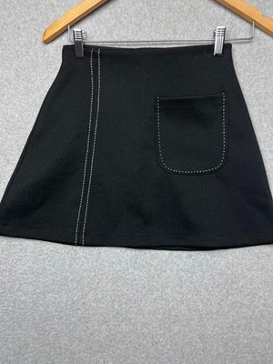 Zara W/B Collection Contrast Stitch Mini Black Skirt S High Waist Pocket A-Line*
