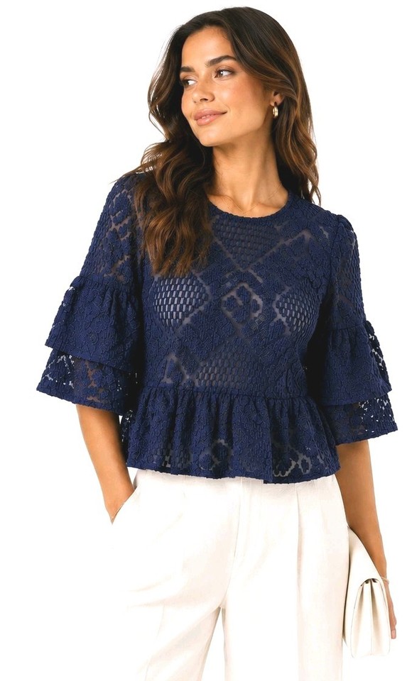 KOOKAI sz XS 6 34 Navy Blue Textured Peplum Top Bell Sleeve Sheer Lace Boho #D3