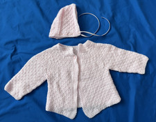 Hand Made Knit Crochet Vintage Newborn Pink Cardigan Sweater Cap Cottage 12-18M
