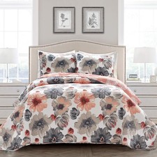 Leah Reversible Floral Quilt Set, 3 Piece Set, Full/Queen, Coral  Gray - Bot...